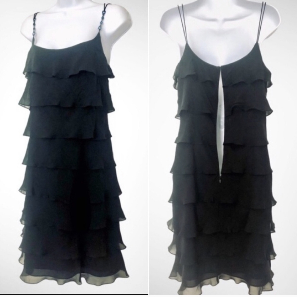 KAY UNGER BLACK SILK LBD COCKTAIL PARTY TIERED CHIFFON FLAPPER SPAGHETTI STRAP 8